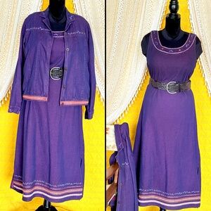 VTG 90s Boho Embroidered Purple Denim Dress & Matching Jacket Set Size M-L